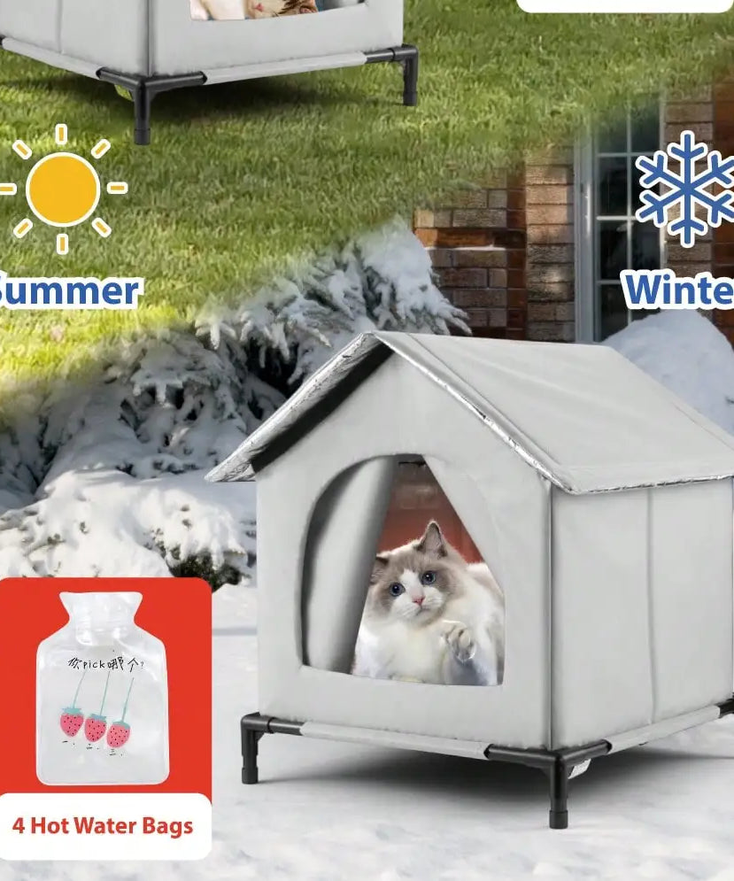 All-Season Waterproof Cat House with Ice Packs & Heating Bags, Foldable Shelter for Indoor & Outdoor Use, Available in 3 Sizes