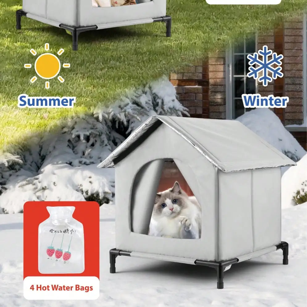 All-Season Waterproof Cat House with Ice Packs & Heating Bags, Foldable Shelter for Indoor & Outdoor Use, Available in 3 Sizes