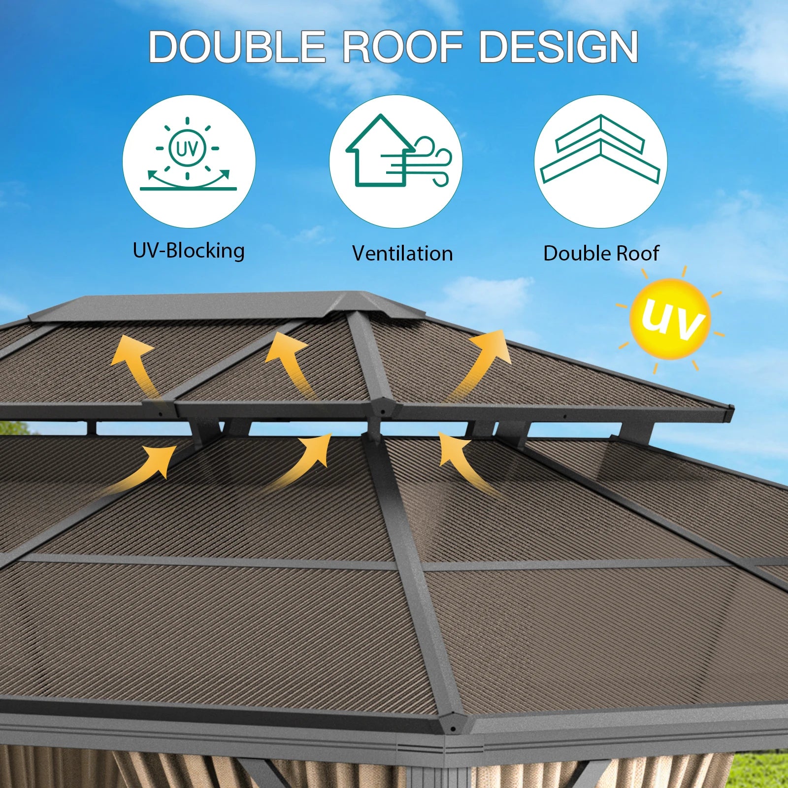 Hardtop Gazebo 10'x13',Double Polycarbonate Sheets Roof,Aluminum Alloy Frame,Net,and Curtain,for Patio Backyard Garden