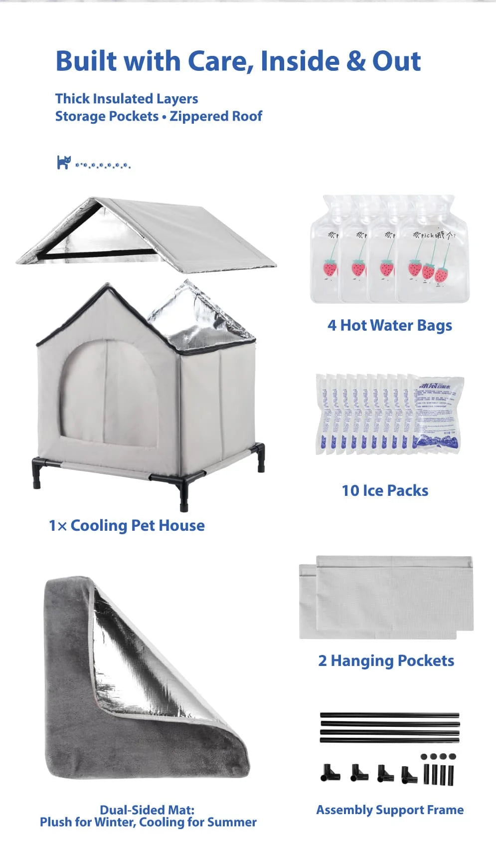 All-Season Waterproof Cat House with Ice Packs & Heating Bags, Foldable Shelter for Indoor & Outdoor Use, Available in 3 Sizes