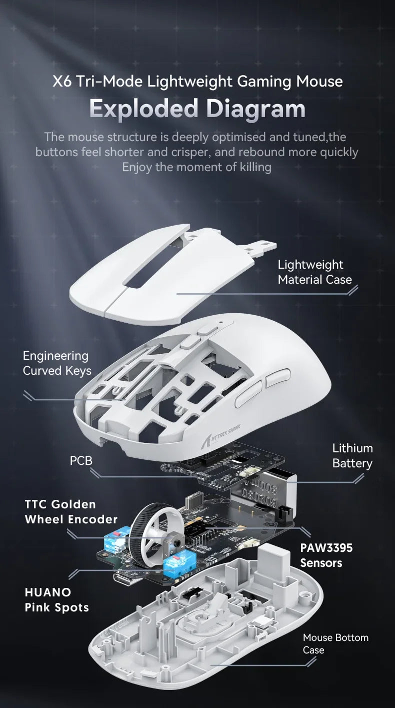 Attack Shark X6 Wireless Ergonomic Gaming Mouse Adjustable DPI Wired 2.4G/Bluetooth High Precision Rechargeable Mice