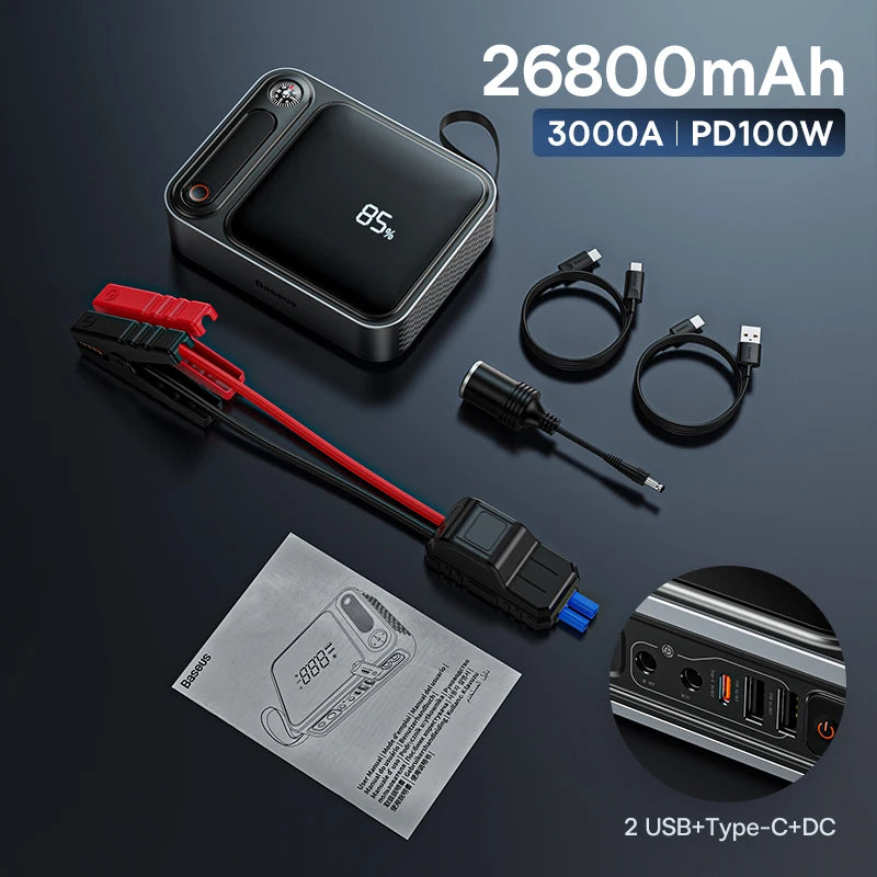Baseus 3000A Car Jump Starter Power Bank 26800mAh Car Starting Device with PD 100W Fast Charging Car Battery Charger Booster