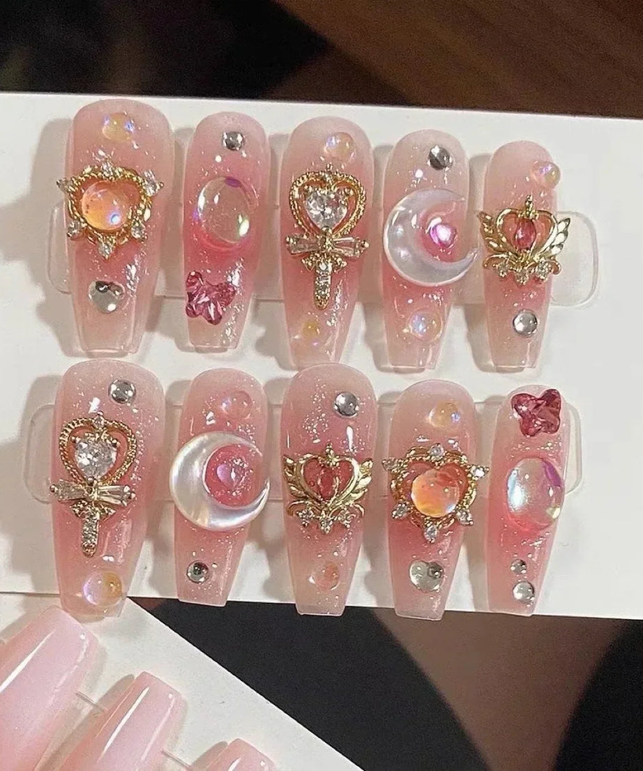 10Pcs Handmade Press on Nails Long Ballet Blue Fake Nails with 3D Ocean Moon Rhinestone Design False Nails Full Cover Nail Tips