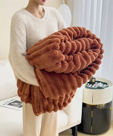 Ultra Soft Faux Rabbit Fur Throw Blanket Warm Plush Striped Blankets Conditioning Quilt Fluffy Throws for Couch Chair Sofa