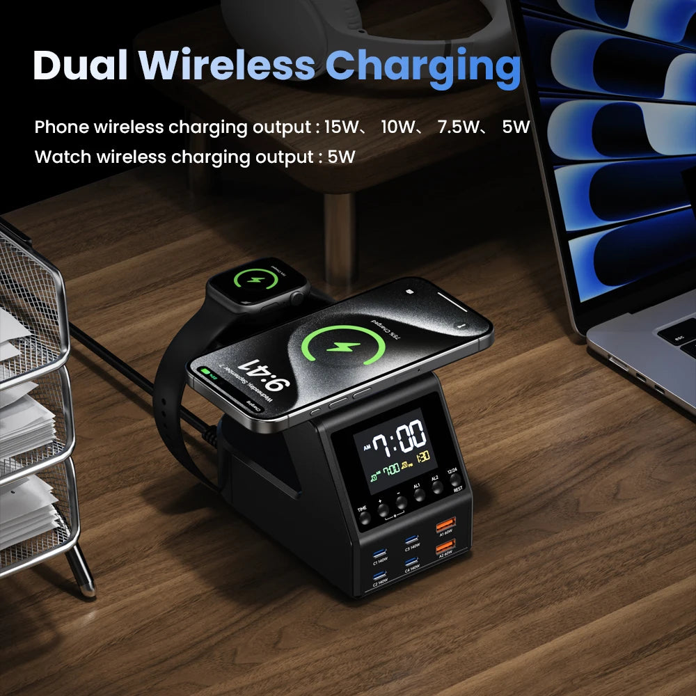 240W GaN Charger Station 4×140W PD3.1 USB Type C Wireless Fast Charger for MacBook iPad Samsung Alarm Clock Time Display