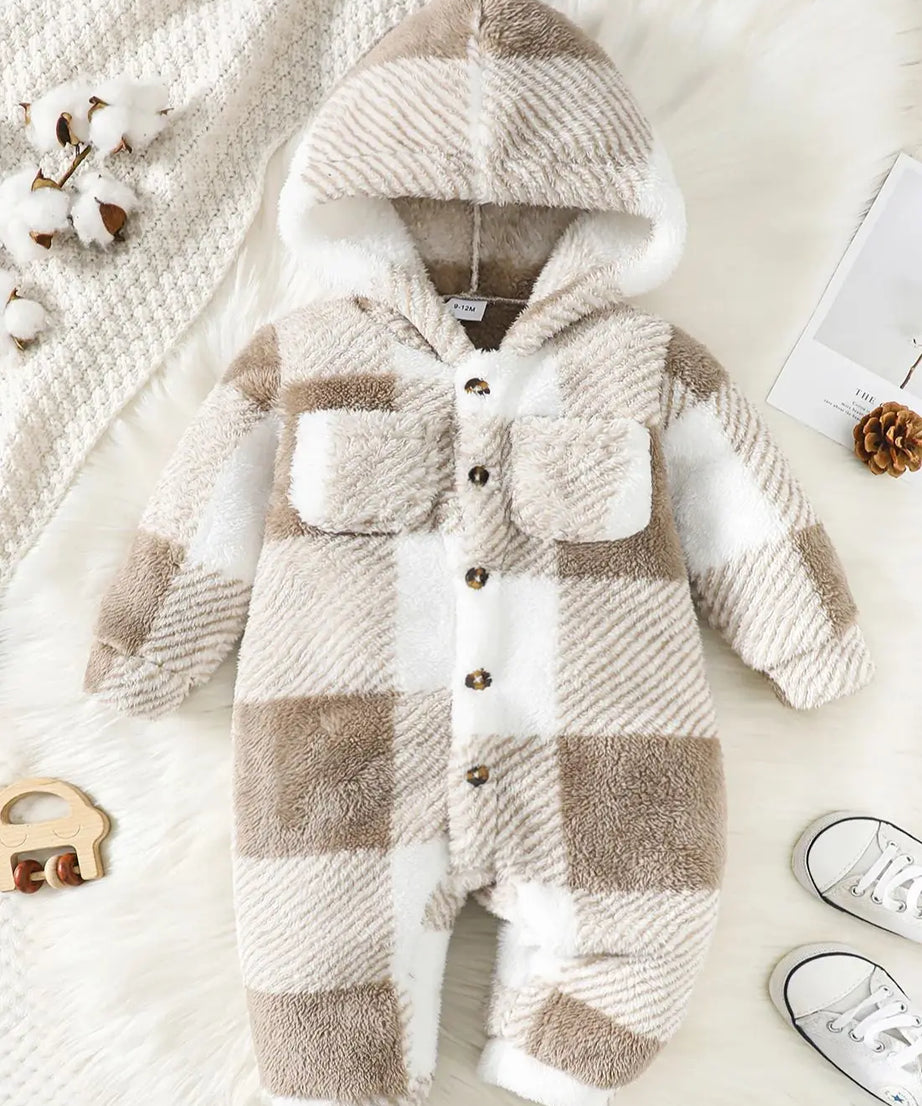 Baby Boys and Girls Plaid Romper Hooded Long Sleeved Plush Jumpsuit Winter Warm Bodysuit Clothes for 3-24 Months Toddler Boy