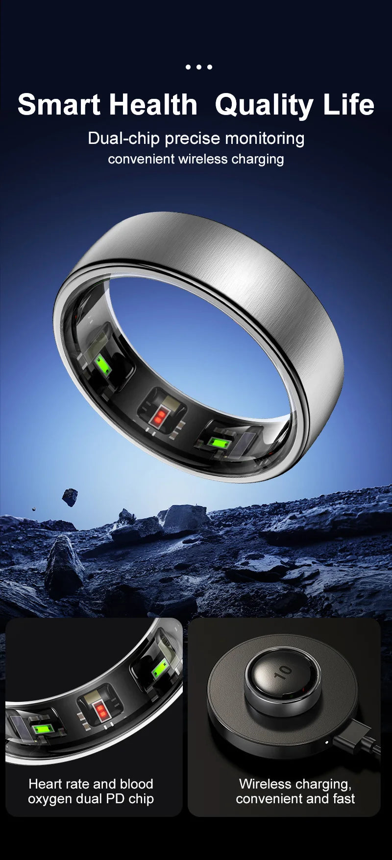 Uhoofit R10 Smart Ring with Charging Case Men Women Health Heart Rate Sleep Monitor IP68 & 5ATM Waterproof Multi-sport Mode