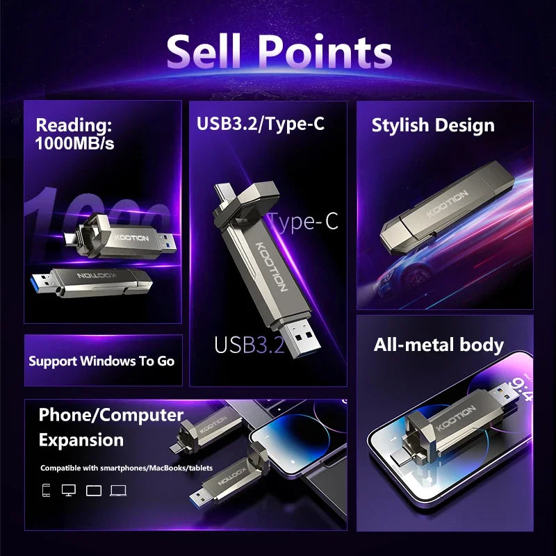 KOOTION U52 Type C USB 3.2 External Solid State Flash Drive 1TB 512GB 256GB Portable Pendrive for PC Laptop iPhone 16 Tablet