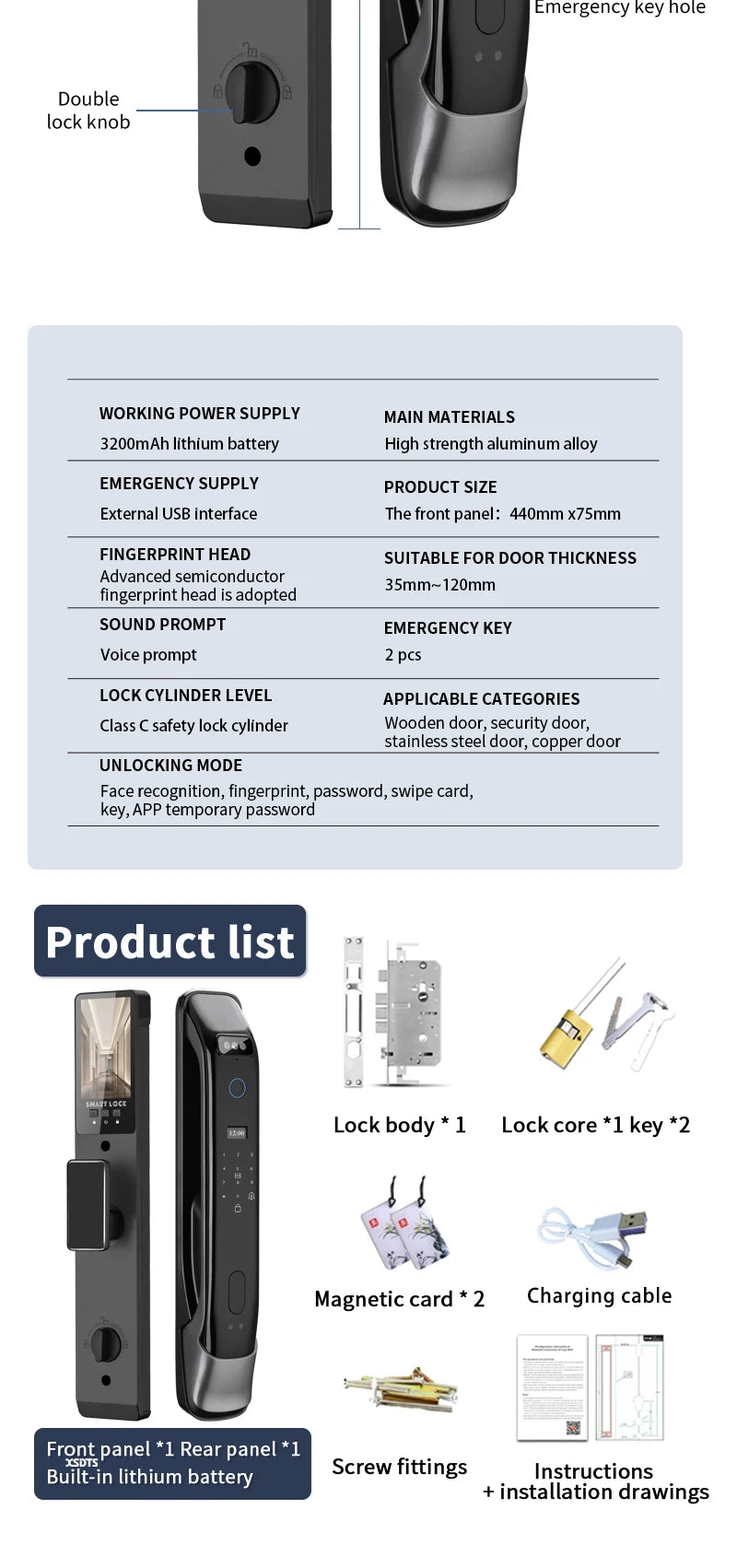 3D Real-time Intercom Face Recognition Digital Door Lock With Camera FIngerprint Password Unlock Keyless Electronic Door Lock