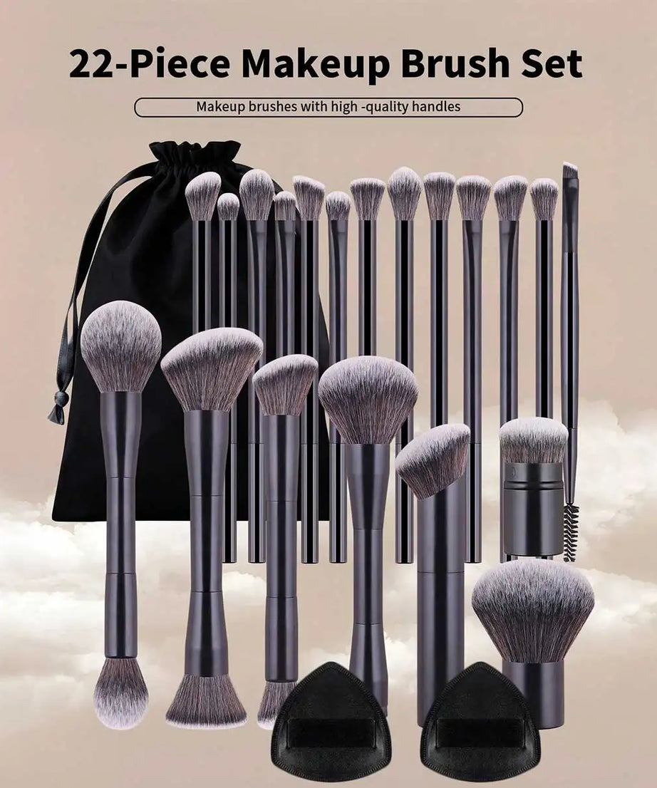 22pcs Professional Makeup Tools Set With Velvet Bag,20pcs Soft Long Aluminum Tube Makeup Brush Set+2pcs Powder Puffs Accessories