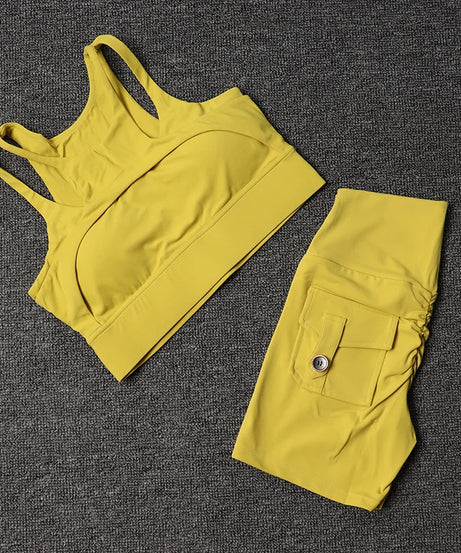Fitness Shorts Yoga Sets Women's Tracksuit High Waist Sportswear Bra Workout Leggings Cycling Gym Shorts Sports Suit With Pocket
