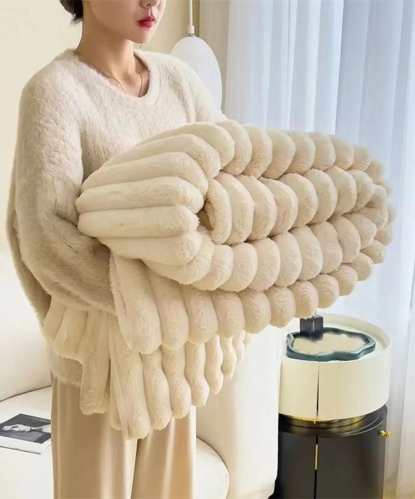 Ultra Soft Faux Rabbit Fur Throw Blanket Warm Plush Striped Blankets Conditioning Quilt Fluffy Throws for Couch Chair Sofa