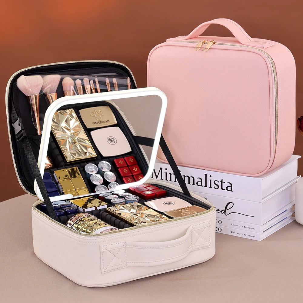 Travel Makeup Bag with USB LED Mirror Large Train Case Cosmetic Organizer Bags with 3 Color Lights and Adjustable Dividers