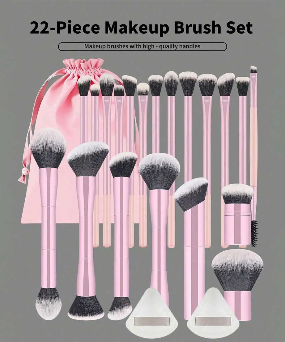 22pcs Professional Makeup Tools Set With Velvet Bag,20pcs Soft Long Aluminum Tube Makeup Brush Set+2pcs Powder Puffs Accessories