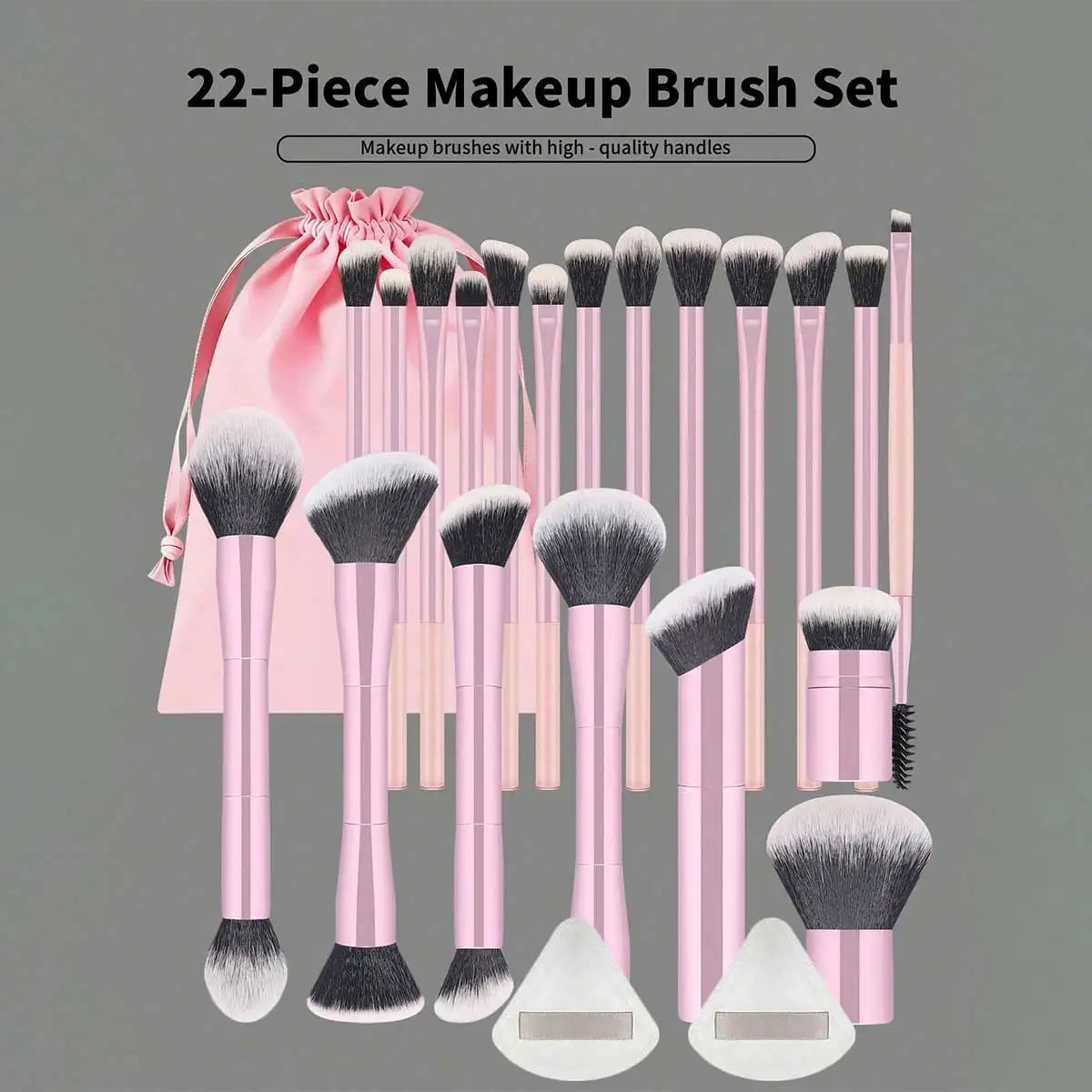 22pcs Professional Makeup Tools Set With Velvet Bag,20pcs Soft Long Aluminum Tube Makeup Brush Set+2pcs Powder Puffs Accessories