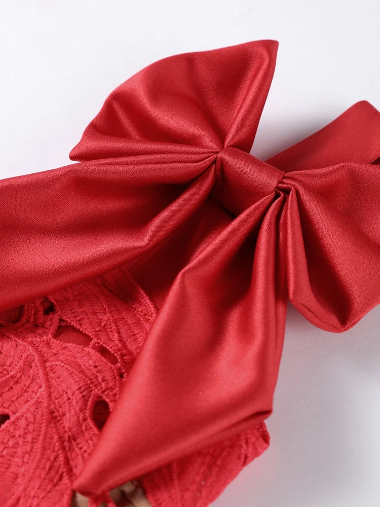 Lace Crochet Bow Slip Dress Hollow Out Slim Fit Club Party Gown Robes Sexy Backless Women Vacation Beach Suspender Long Dresses