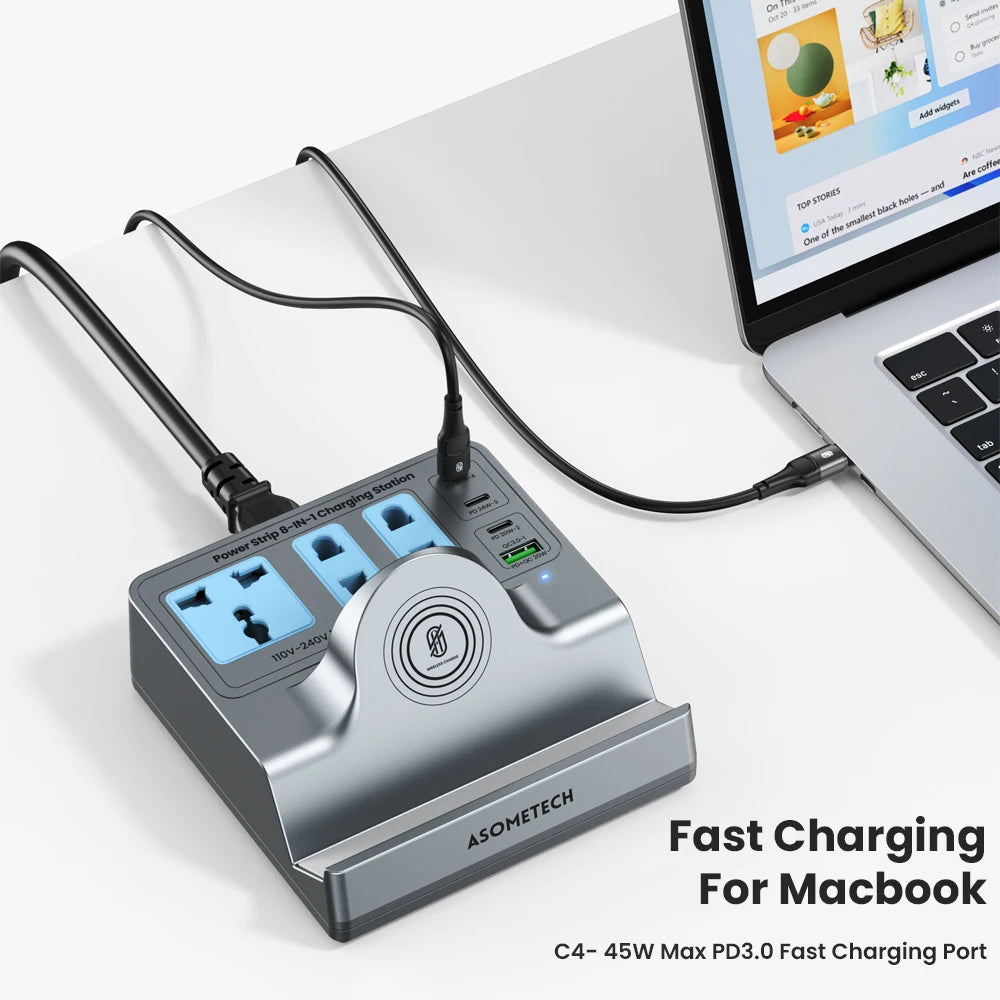 72W Fast Charging Station With Wireless Charger 3 Socket Outlets 4 USB Porst Power Strip Adapte For iPhone 14 Samsung Laptop