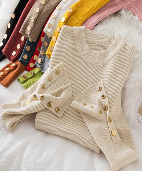 2025 women thick sweater pullovers khaki casual autumn winter button o-neck chic sweater female slim knit top soft jumper tops