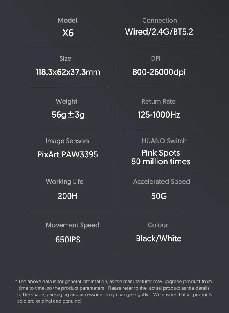 Attack Shark X6 Wireless Ergonomic Gaming Mouse Adjustable DPI Wired 2.4G/Bluetooth High Precision Rechargeable Mice