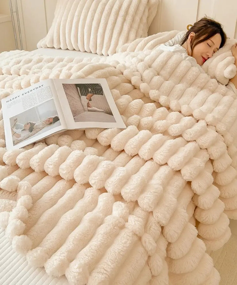 Ultra Soft Faux Rabbit Fur Throw Blanket Warm Plush Striped Blankets Conditioning Quilt Fluffy Throws for Couch Chair Sofa