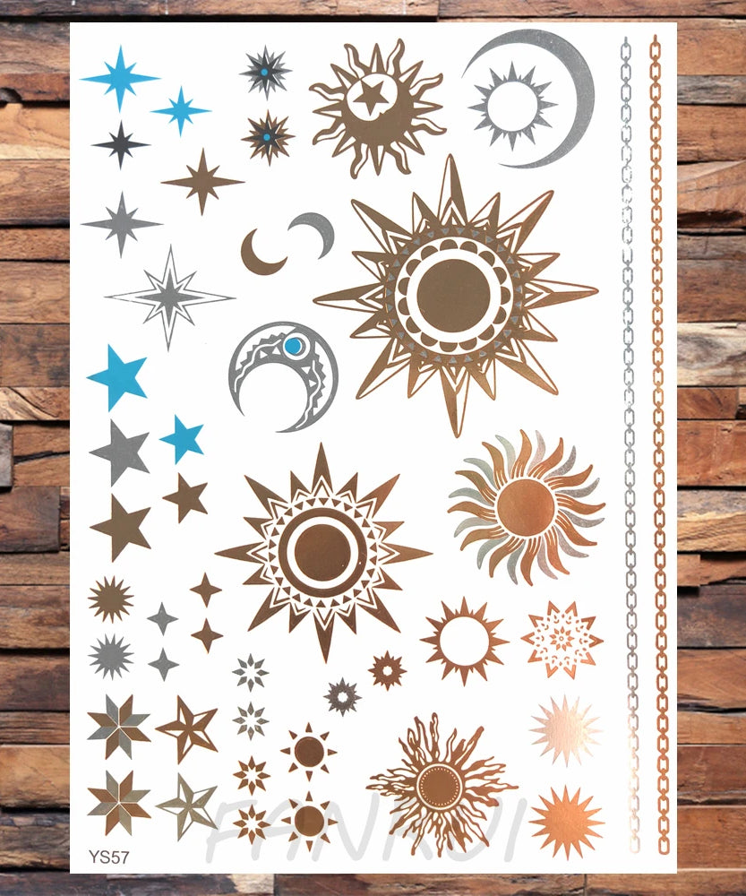 Sexy Sun Moon Star Temporary Tattoo Women Party Body Arm Art Fake Flash Tatoos Gold Metallic Tattoo Stickers Girl Bracelet Wrist
