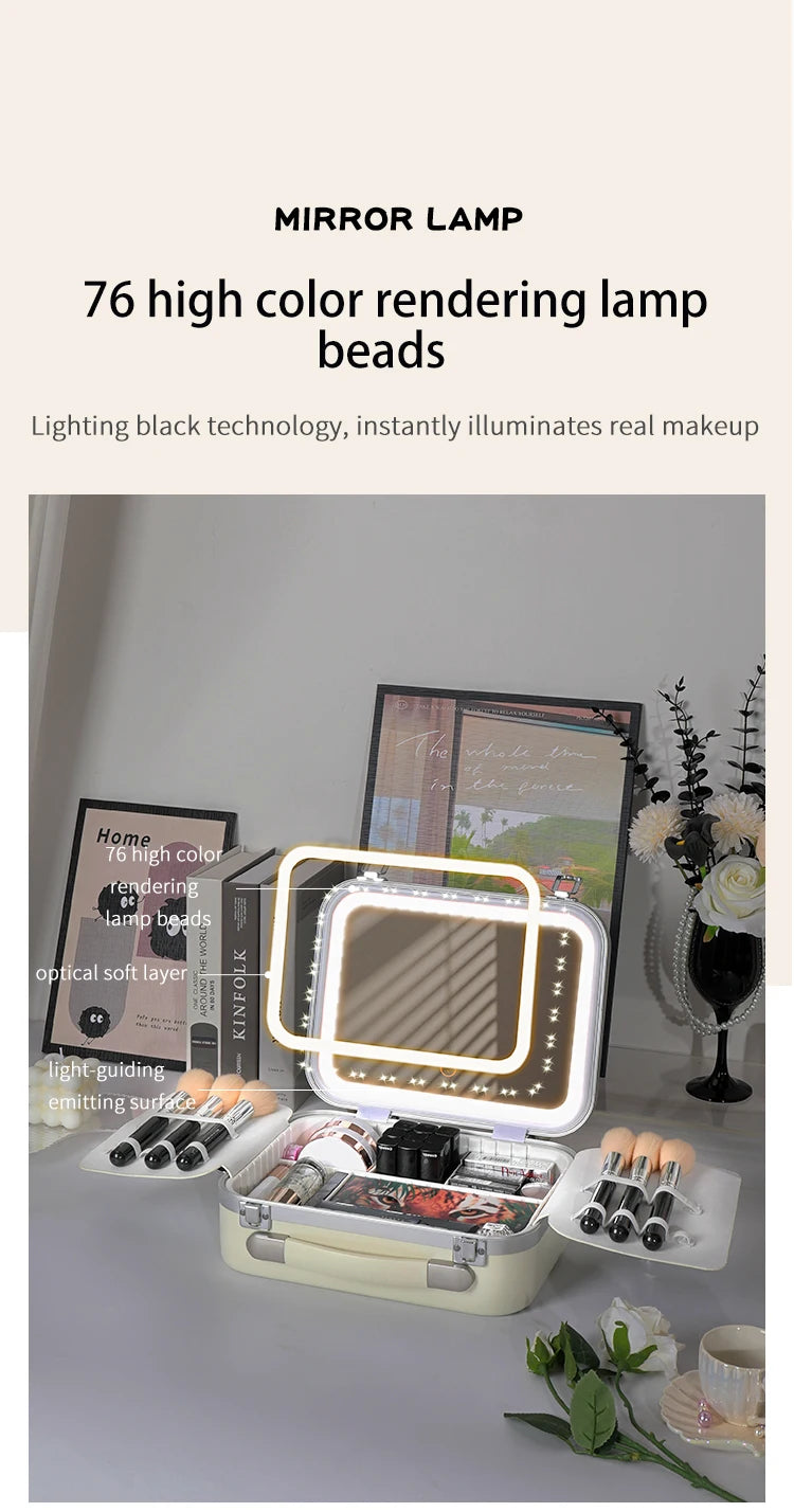 Portable Makeup Organizer Box with LED Light & Mirror – Travel-Friendly Cosmetic Train Case for Brushes box