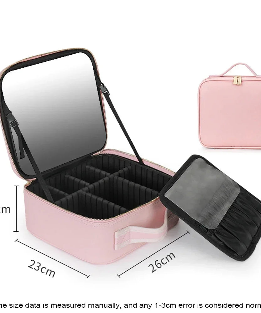 New LED Lighted Cosmetic Case With Mirror PU Leather Portable Travel Makeup Storage Bags Waterproof Travel Makeup Bag