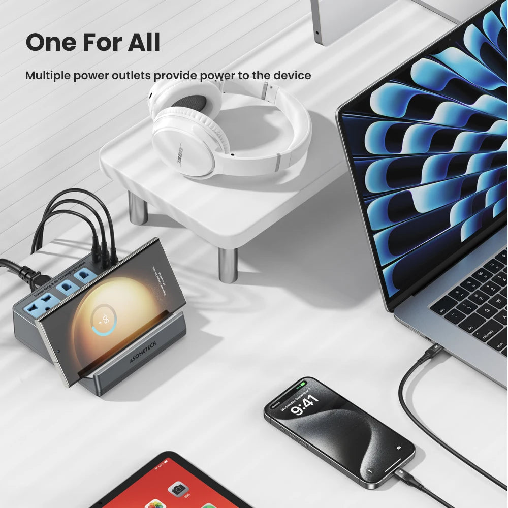 72W Fast Charging Station With Wireless Charger 3 Socket Outlets 4 USB Porst Power Strip Adapte For iPhone 14 Samsung Laptop