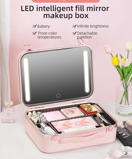 Lighted Makeup Case with Mirror - Portable Travel Makeup Organizer with LED Mirror, 3 Light Settings, Rechargeable Makeup Bag w