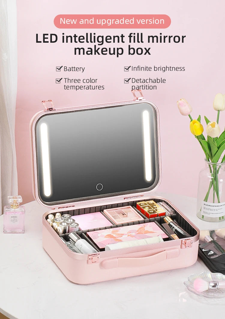Lighted Makeup Case with Mirror - Portable Travel Makeup Organizer with LED Mirror, 3 Light Settings, Rechargeable Makeup Bag w