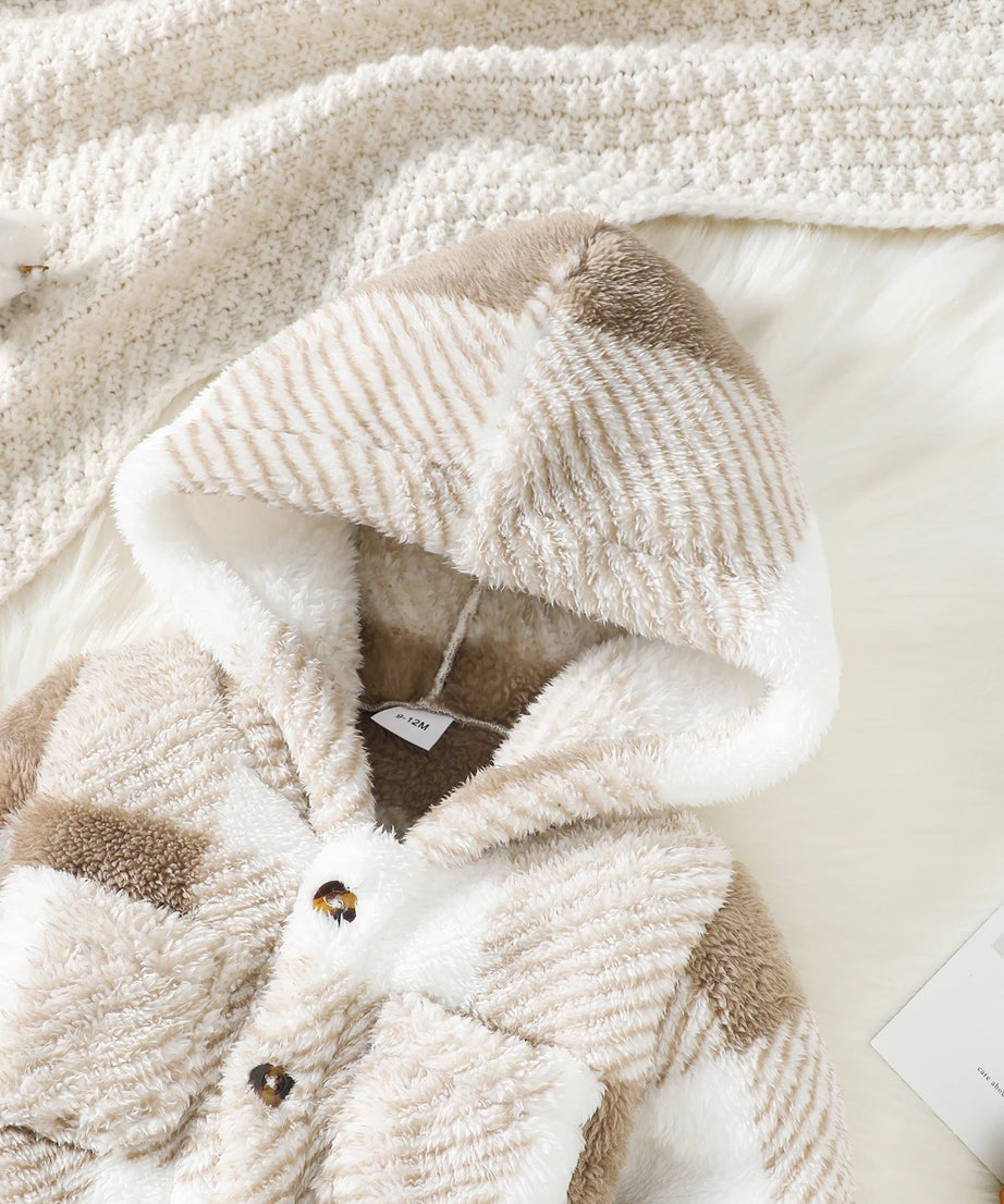 Baby Boys and Girls Plaid Romper Hooded Long Sleeved Plush Jumpsuit Winter Warm Bodysuit Clothes for 3-24 Months Toddler Boy