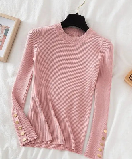 2025 women thick sweater pullovers khaki casual autumn winter button o-neck chic sweater female slim knit top soft jumper tops