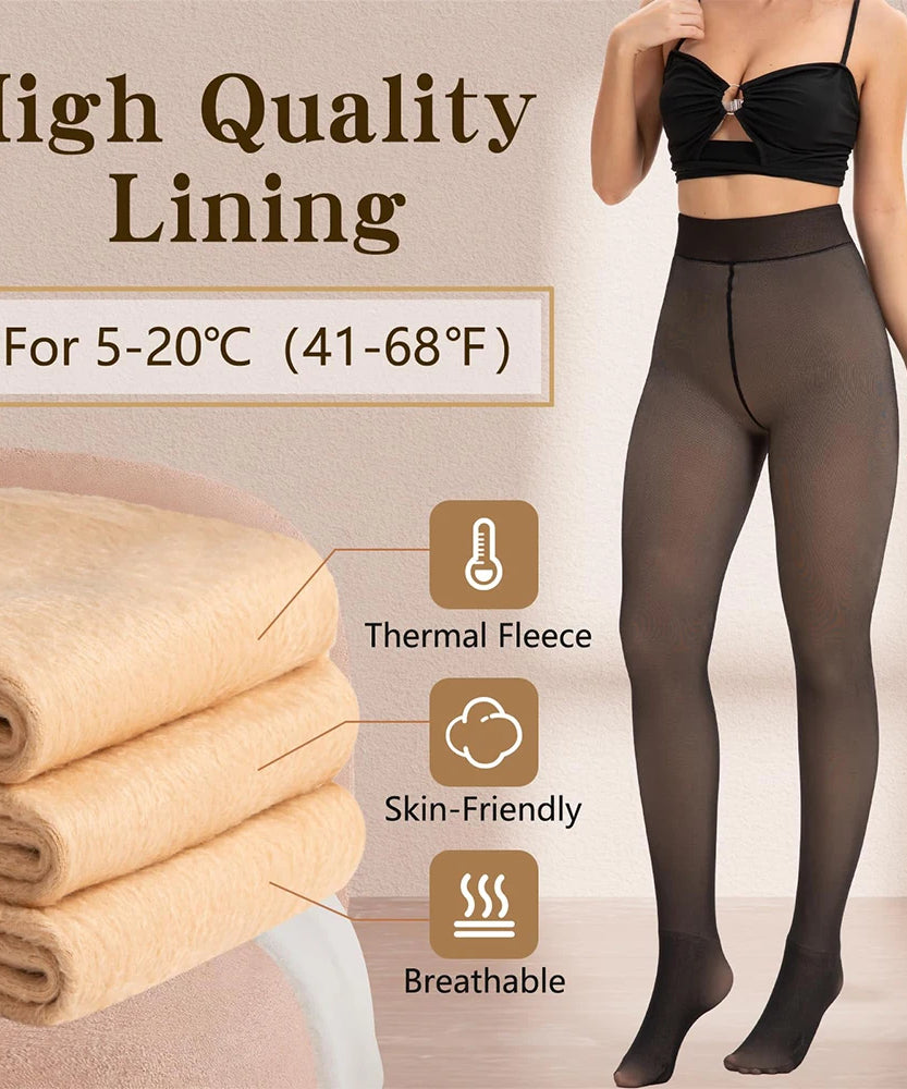 New Women Fleece Lined Black Tights Sheer Fake Translucent Warm Winter Pantyhose Leggings Outfit Thick Tights Invisible Crotch