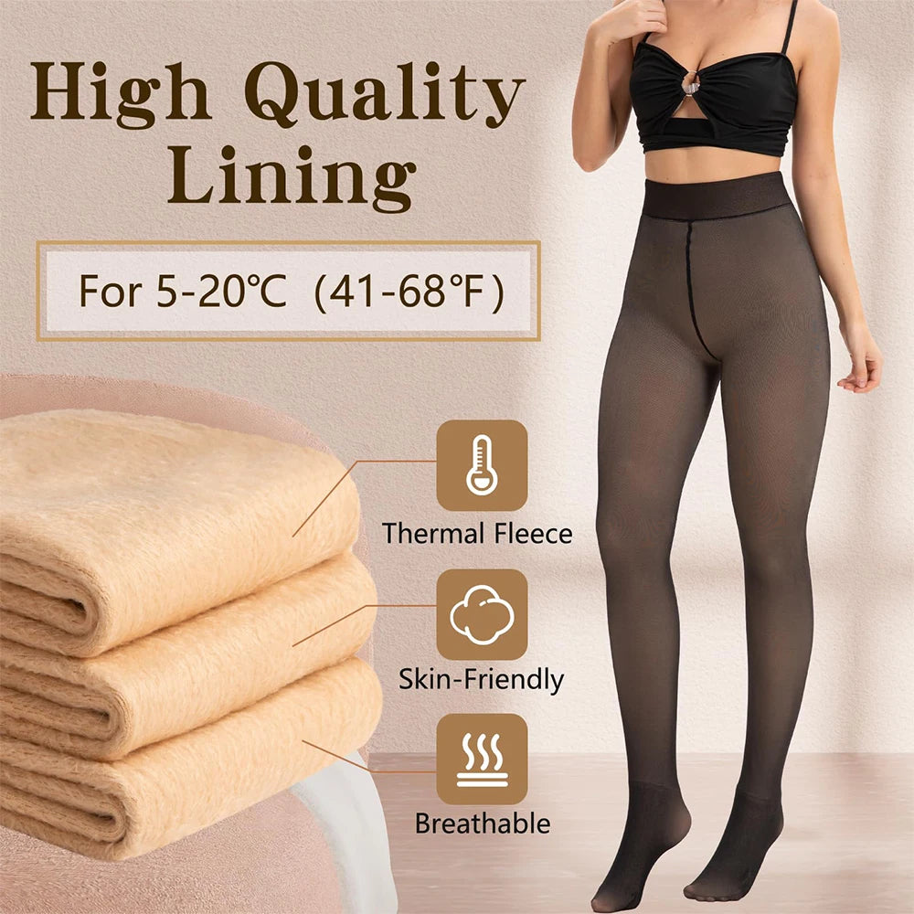 New Women Fleece Lined Black Tights Sheer Fake Translucent Warm Winter Pantyhose Leggings Outfit Thick Tights Invisible Crotch
