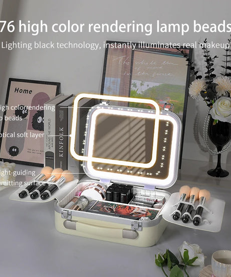 Portable Makeup Organizer Box with LED Light & Mirror – Travel-Friendly Cosmetic Train Case for Brushes box