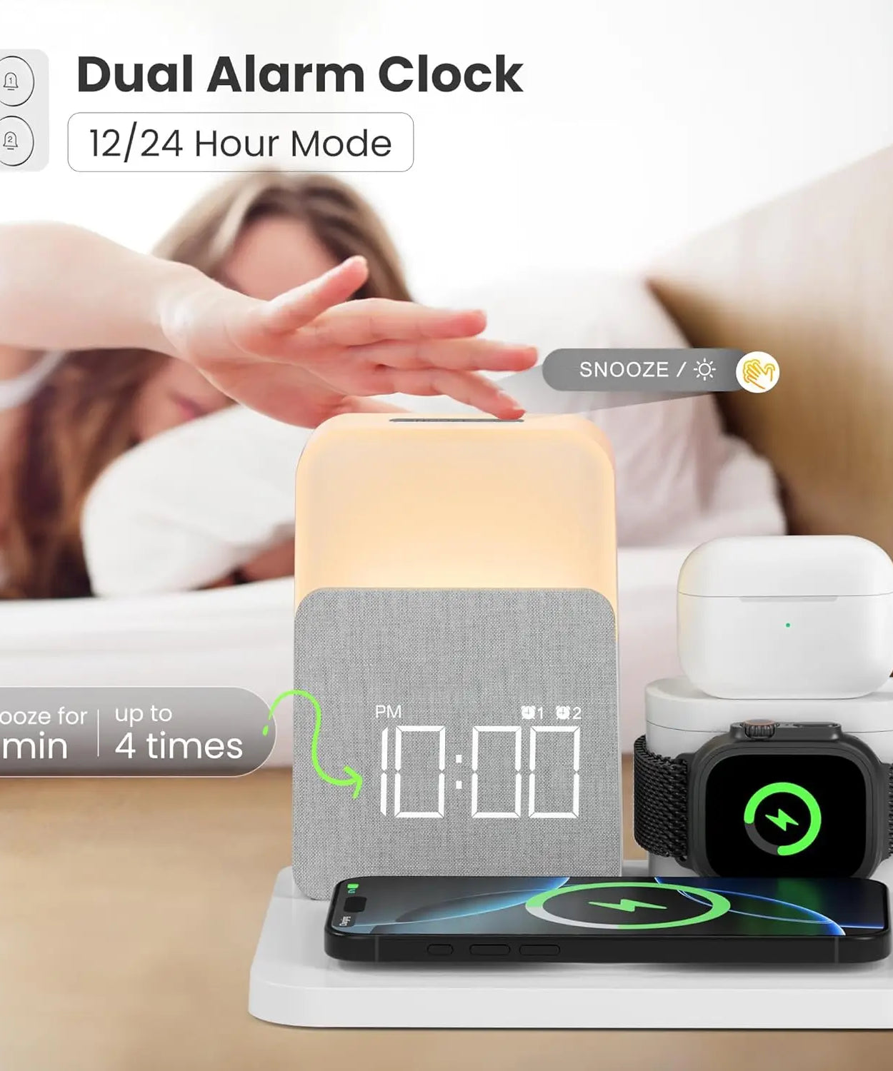 7-in-1 MagSafe Alarm Clock Charger-Wireless Station for iPhone 12-16/Samsung/Xiaomi/Huawei/Apple Watch/AirPods with Night Light