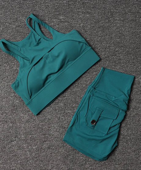 Fitness Shorts Yoga Sets Women's Tracksuit High Waist Sportswear Bra Workout Leggings Cycling Gym Shorts Sports Suit With Pocket