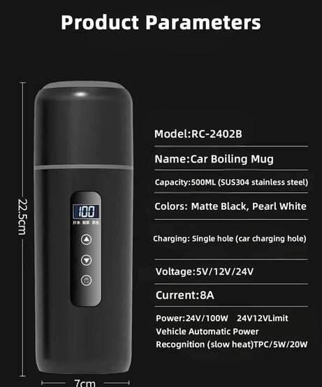 Electric Kettle 12V24V Portable Car Heating Cup 500ml Travel Heating Touch Screen Intelligent Adjustable Temperature Thermal Cup