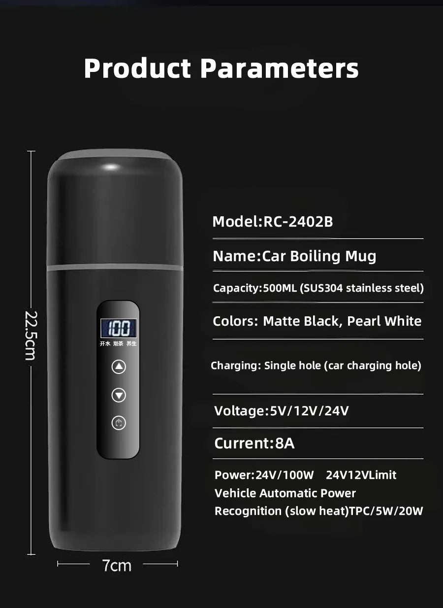 Electric Kettle 12V24V Portable Car Heating Cup 500ml Travel Heating Touch Screen Intelligent Adjustable Temperature Thermal Cup