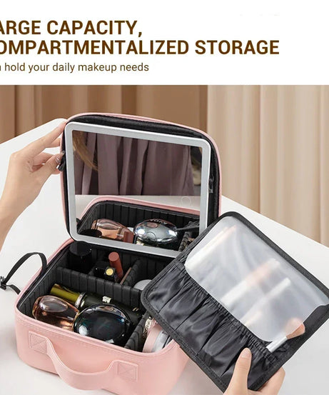 New LED Lighted Cosmetic Case With Mirror PU Leather Portable Travel Makeup Storage Bags Waterproof Travel Makeup Bag