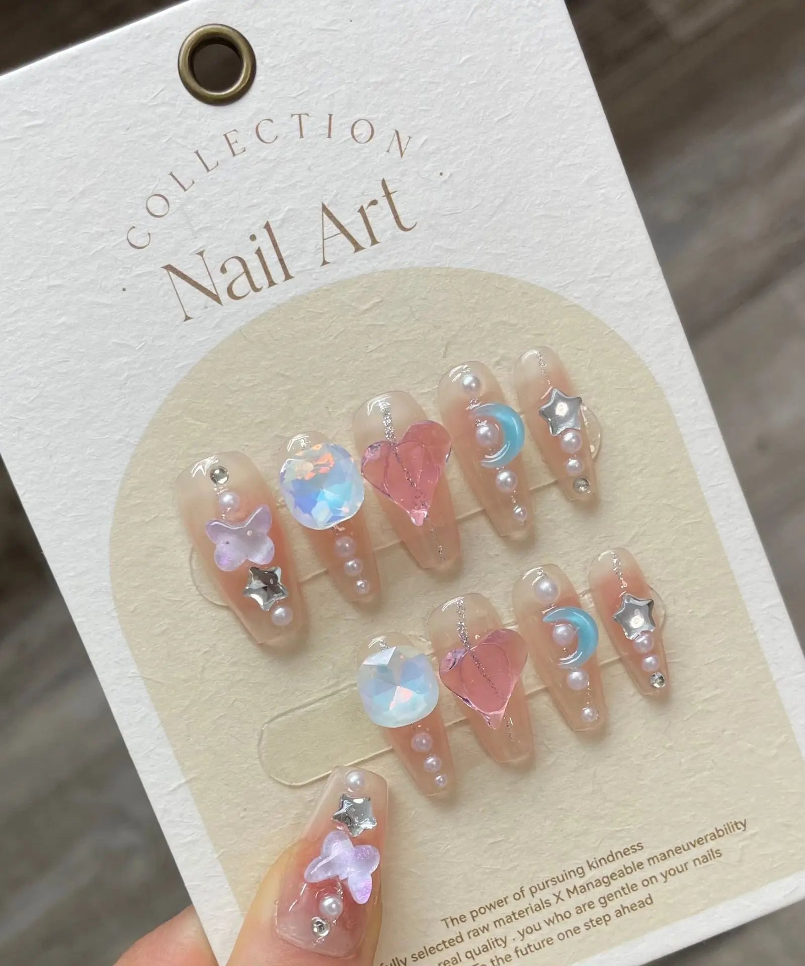 10Pcs Handmade Press on Nails Long Ballet Blue Fake Nails with 3D Ocean Moon Rhinestone Design False Nails Full Cover Nail Tips