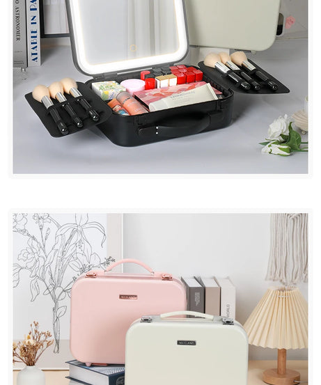 Portable Makeup Organizer Box with LED Light & Mirror – Travel-Friendly Cosmetic Train Case for Brushes box