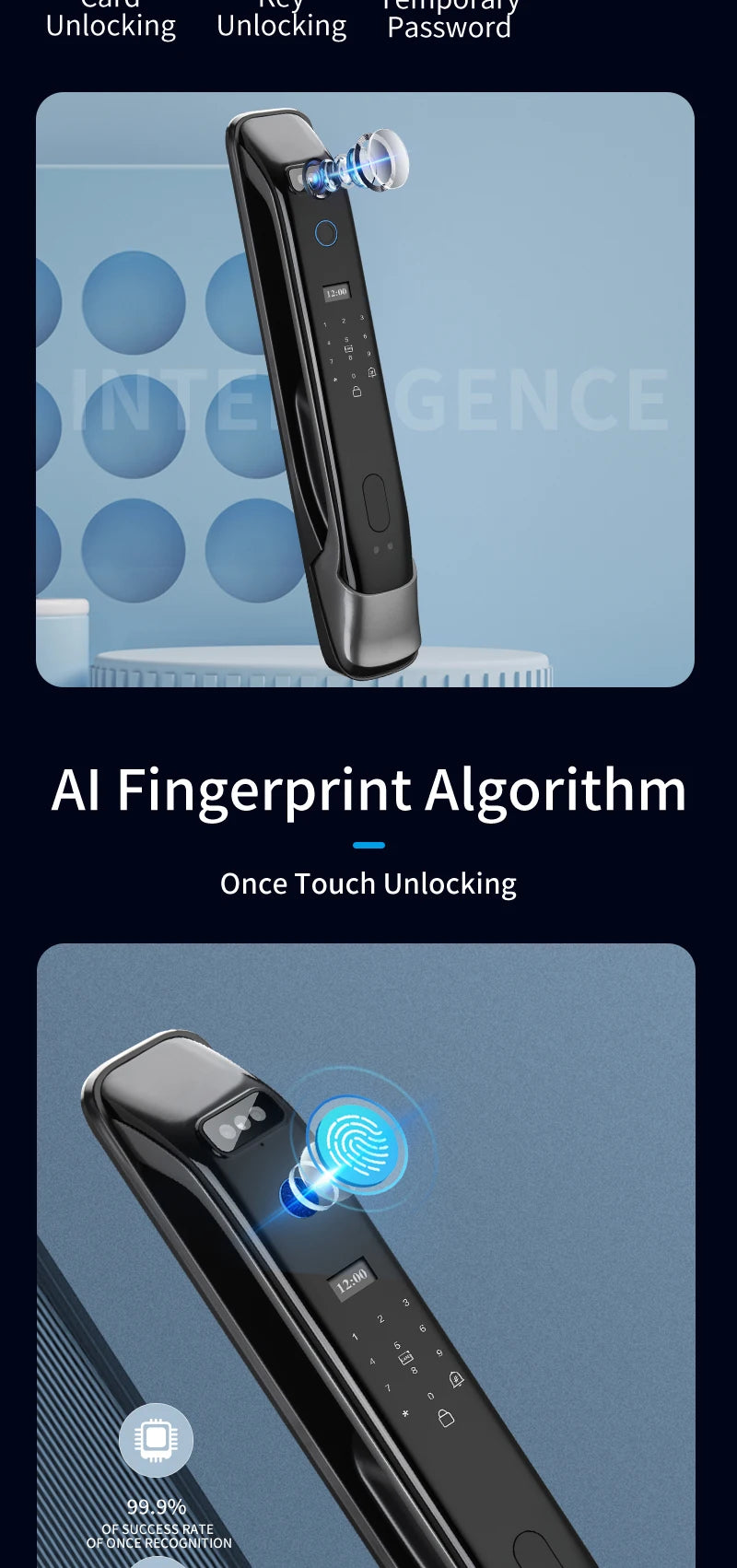 3D Real-time Intercom Face Recognition Digital Door Lock With Camera FIngerprint Password Unlock Keyless Electronic Door Lock