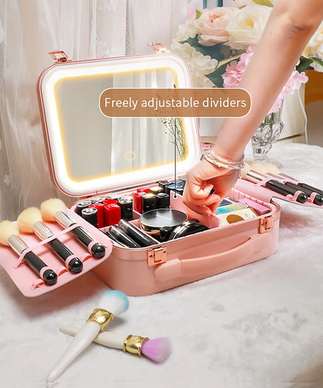 Portable Makeup Organizer Box with LED Light & Mirror – Travel-Friendly Cosmetic Train Case for Brushes box