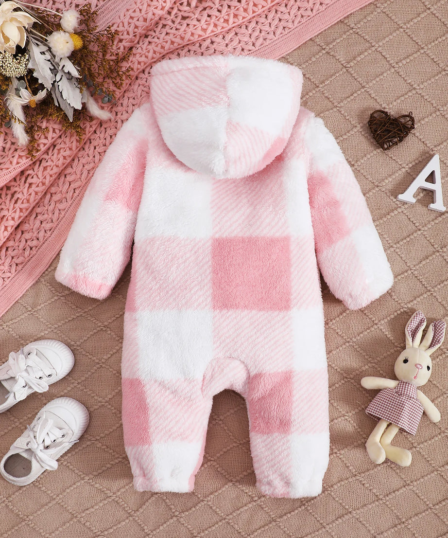 Baby Boys and Girls Plaid Romper Hooded Long Sleeved Plush Jumpsuit Winter Warm Bodysuit Clothes for 3-24 Months Toddler Boy
