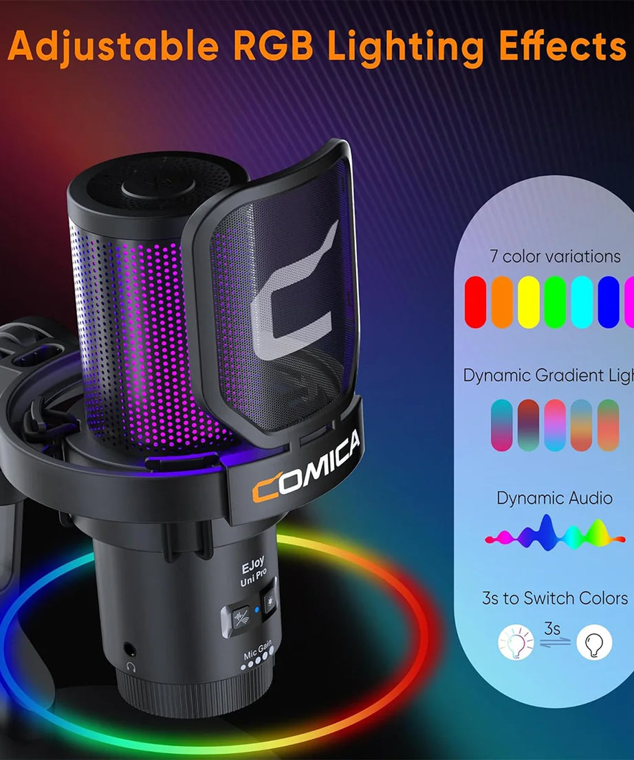 COMICA Uni Pro Wireless USB Gaming Microphone for PC Laptop Smartphone Noise Cancellation Condenser Mic with RGB Lights