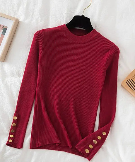 2025 women thick sweater pullovers khaki casual autumn winter button o-neck chic sweater female slim knit top soft jumper tops