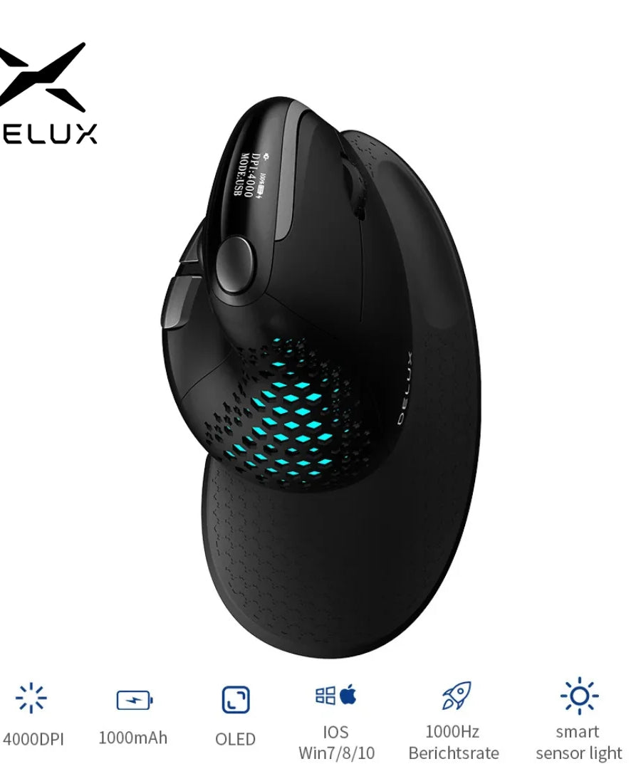 Delux Seeker M618XSD Ergonomic Vertical Mouse OLED Screen USB Wireless+BT 5.0  Rechargeable 1000hz Berichtsrate For PC Laptop