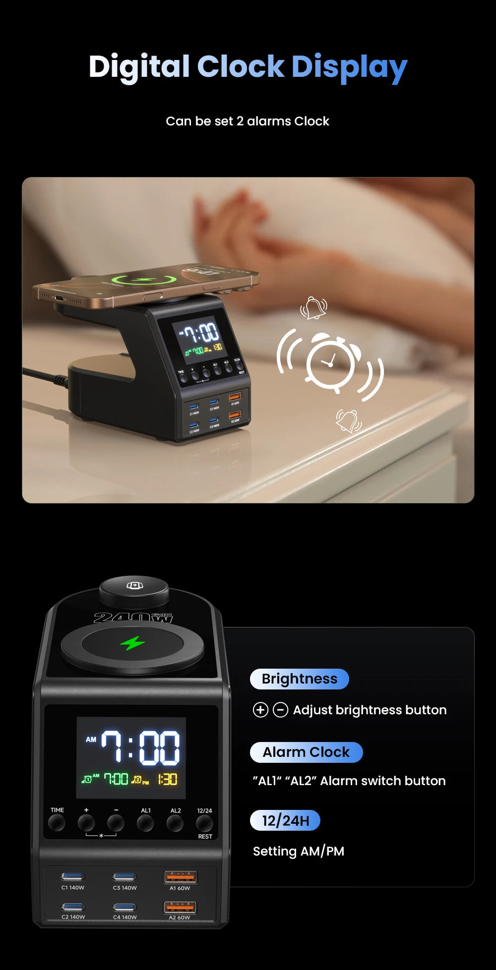 240W GaN Charger Station 4×140W PD3.1 USB Type C Wireless Fast Charger for MacBook iPad Samsung Alarm Clock Time Display