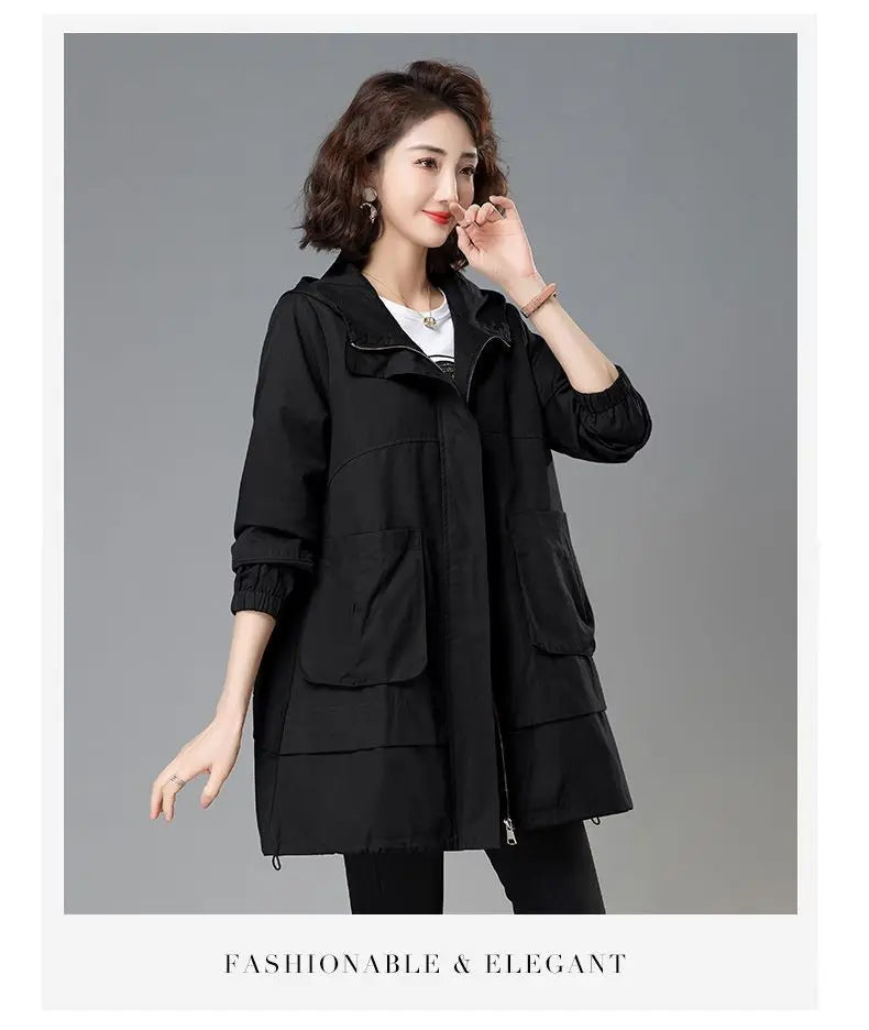 2024 Women Trench Coat With Hooded Tops Autumn New Coat Long-Sleeved Loose Mid-Length Outerwear Female Windbreaker